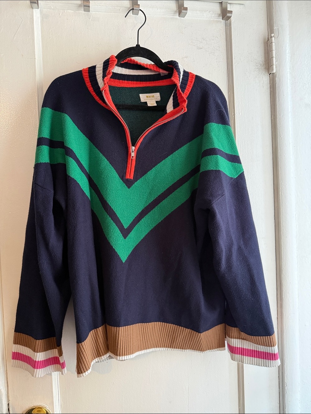Anthropologie Navy Half-Zip Sweater with Green Chevron and Red Trim